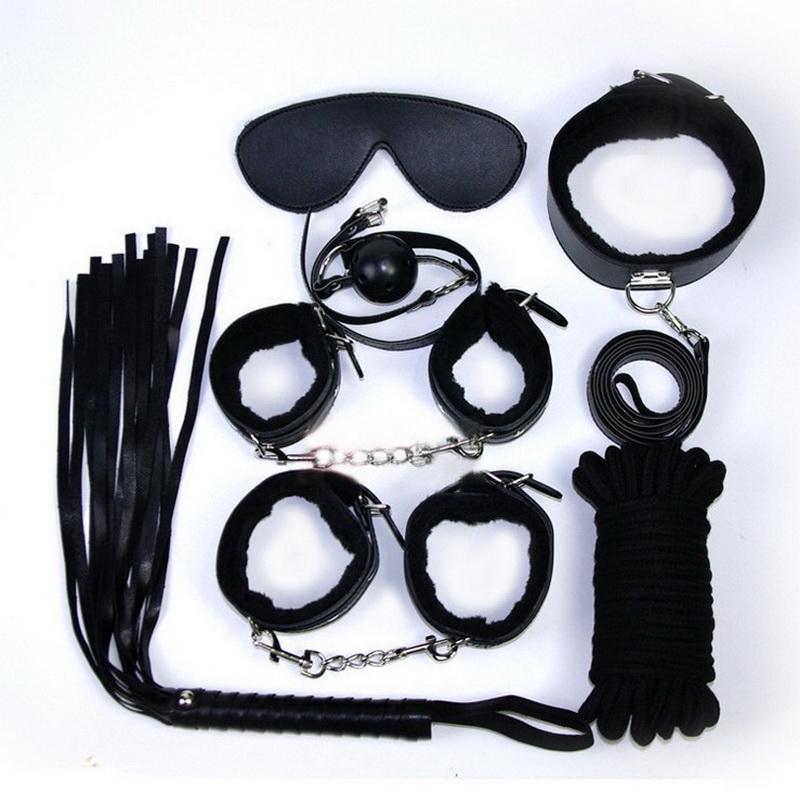 7pcs/set PU Leather Sex Bondage Set Toy Restraint Sex Toy Handcuffs Tied Rope Whip Collar Erotic