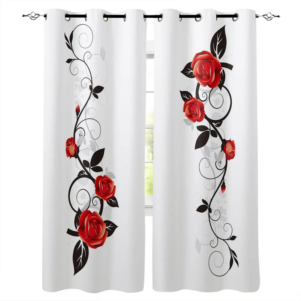 Red Rose Black Vine Spiral Leaves Print Window Curtains Luxury European Curtains for Living Room Balcony Hotel Cafe Drapes