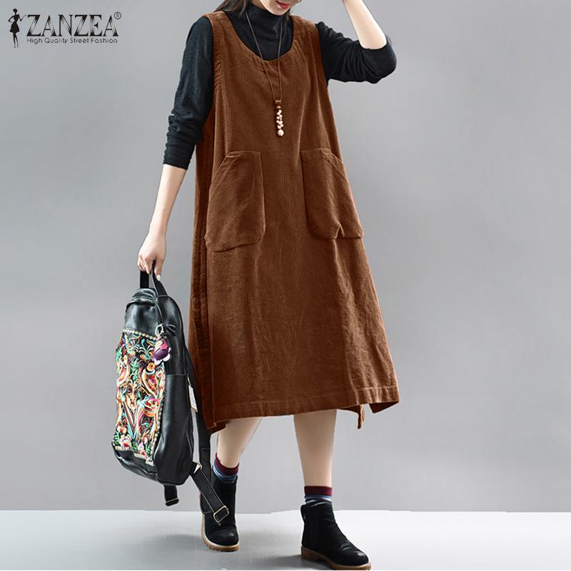 

ZANZEA Свободное повседневное вельветовое платье без рукавов с круглым вырезом