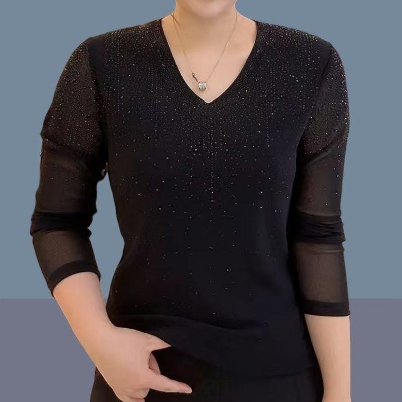Women's V-neck Mesh Stretch T-shirt Shiny Rhinestone Long-sleeve Slim-fit Blouse Soft Skin-friendly Pullover T-shirt