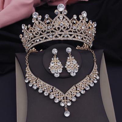 Conjuntos de joias de noiva com coroa de cristal vintage para mulheres, tiaras, gargantilha, conjuntos de colar para casamento, conjunto de coroa, acessórios de joias
