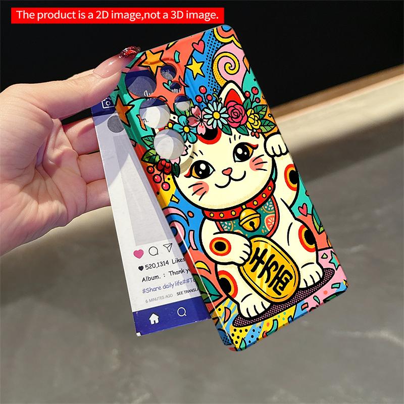 2DFlat Samsung Phone Case Colorful Lucky Cat with Floral Crown Phone Case Applicable To Galaxy S22 S23 S24 S25ULTRA S26 A12 A13 A14 A15 A16