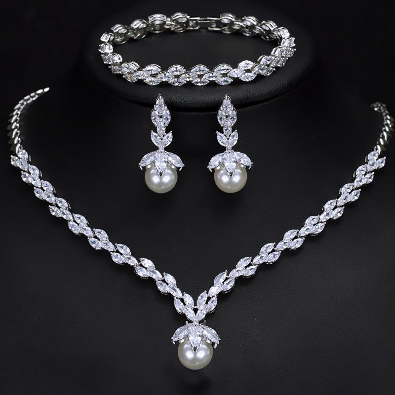 Zircon Imitation Pearl Necklace Earrings Set Bracelet Ring Wedding Dress Evening Banquet Dress Accessories