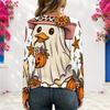 Women Plus Size V Neck Long Sleeve Halloween Printed Eyelet Chain Lace Up Top