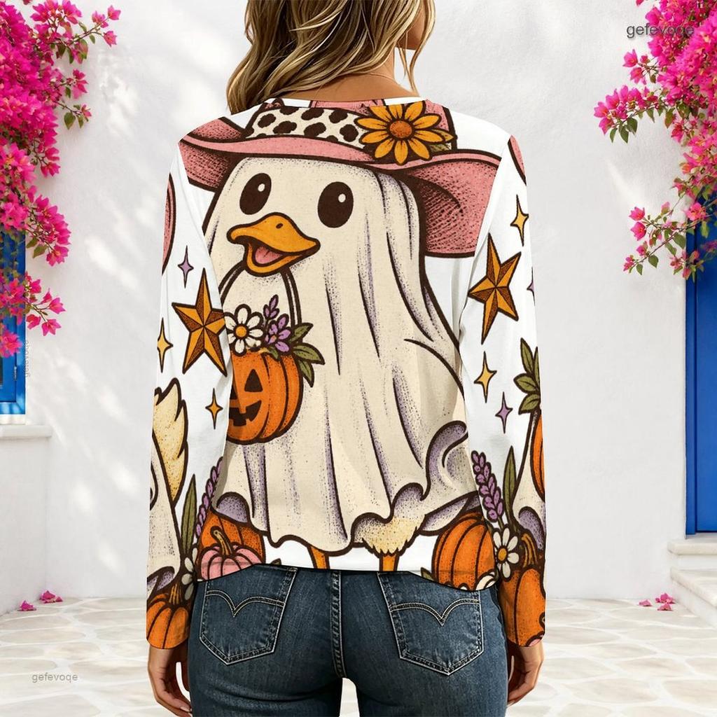 Women Plus Size V Neck Long Sleeve Halloween Printed Eyelet Chain Lace Up Top