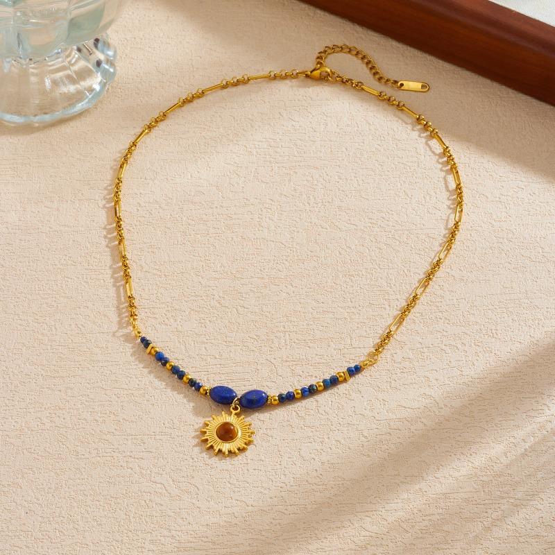Gold Plated Stainless Steel Paperclip Chain Necklace with Lapis Lazuli BeadsSun Pendant for Women золотой