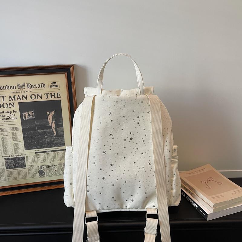 Womens Casual Star Print Backpack Drawstring Detail Adjustable Strap Large Capacity Minimalist Daily Bag for Commute Travel Everyday Use