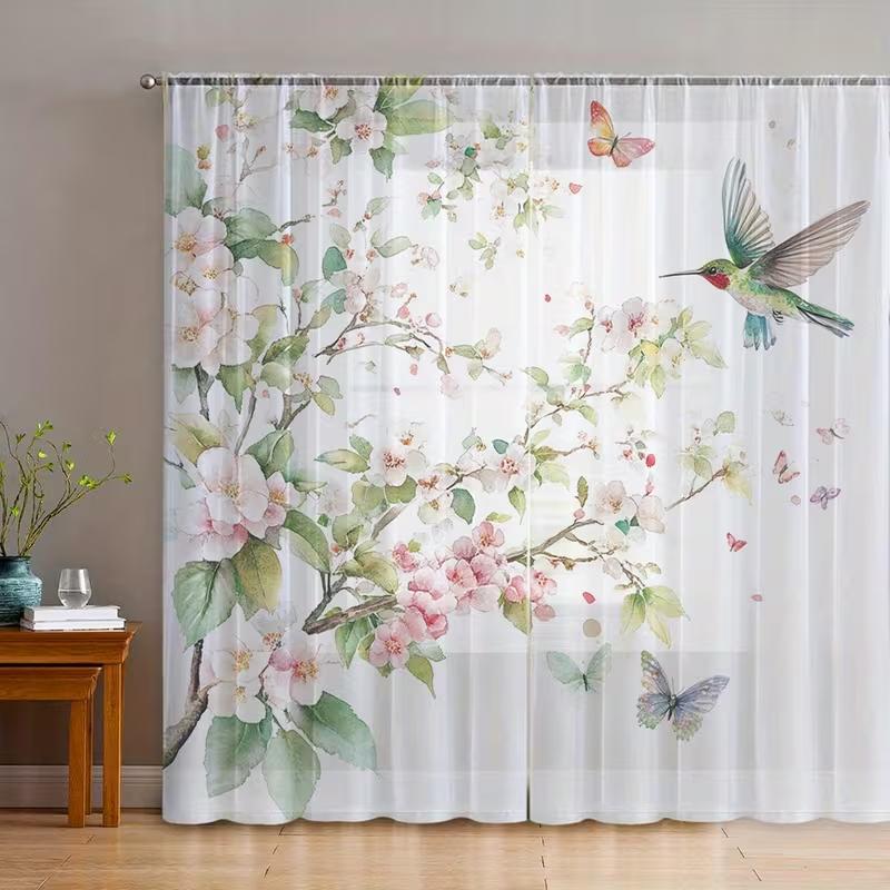 2PCS Watercolor Cherry Blossom & Hummingbird Sheer Curtains - Romantic Botanical Window Drapes