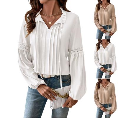 Women's Fashion Casual Lace V-Neck Solid Color Long Sleeve Pleated Shirt Women's T-Shirt Top