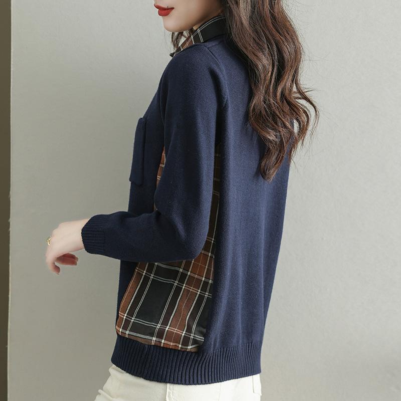 Lapel Button Down Shirt Sweater Women Autumn Winter Faux Two Piece Long Sleeve Knit Sweaters Jackets