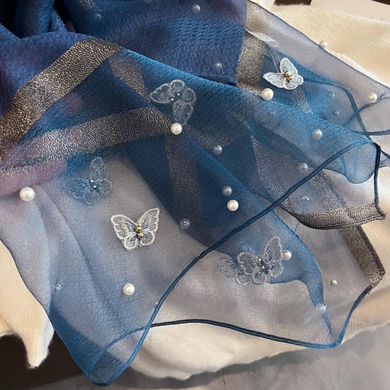 Elegant Embroidered Butterfly Silk Scarf For Women Lightweight Polyester Hijab Shawl Wrap Stole Accessory Gift