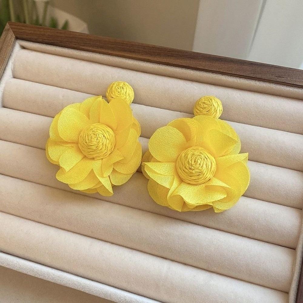 Colorful Long Drop Earrings Boho Style 3D Flower Fabric Earring Beach Party