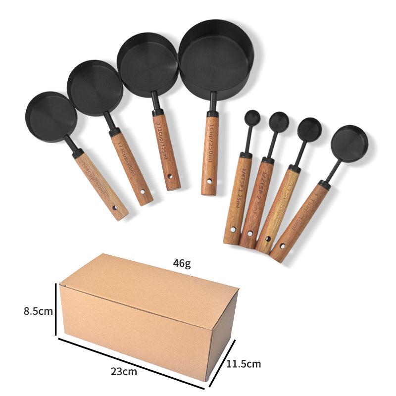 Stainless Steel Gold-Plated Measuring Spoons & Cups with Acacia Wood Handles, Precise Markings, 8-Piece Baking Tool Set.