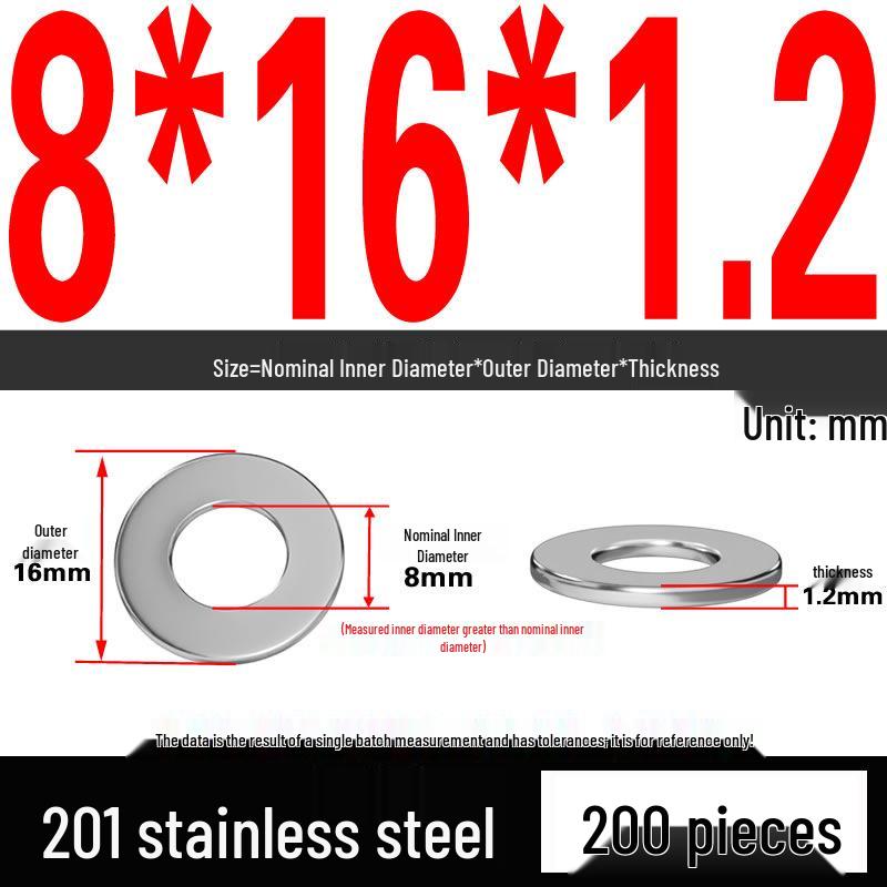201 Stainless Steel Flat Washer Shim, GB97, Sizes M3 to M30