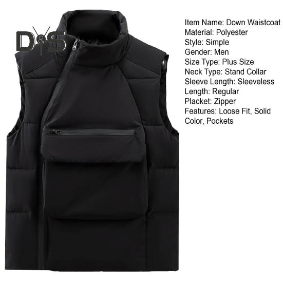 Men Down Waistcoat Stand Collar Sleeveless Oblique Zipper Closure Vest Coat with Front Pockets Solid Color Cotton Coat