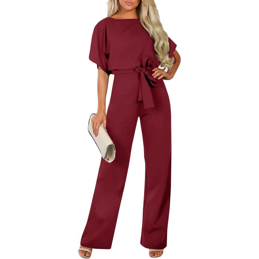 Solid Color Short-Sleeve Tie-Sleeve Romper Jumpsuit