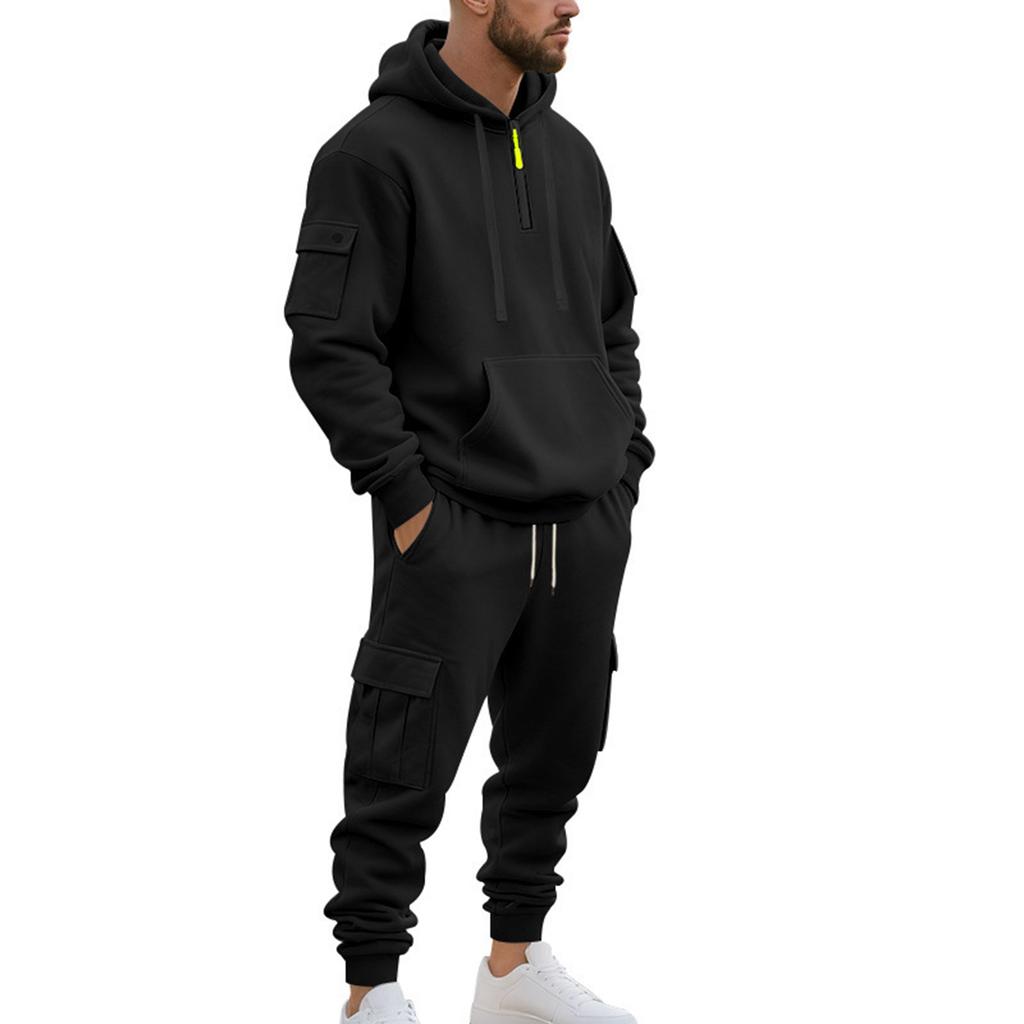 Men's Winter Fleece Multi-pocket Zipper Sweatshirt Suit Personalized Casual Hoodie Suit