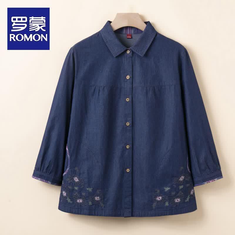 ROMON Women s Summer Pure Cotton Denim 3/4 Sleeve Shirt 4XL