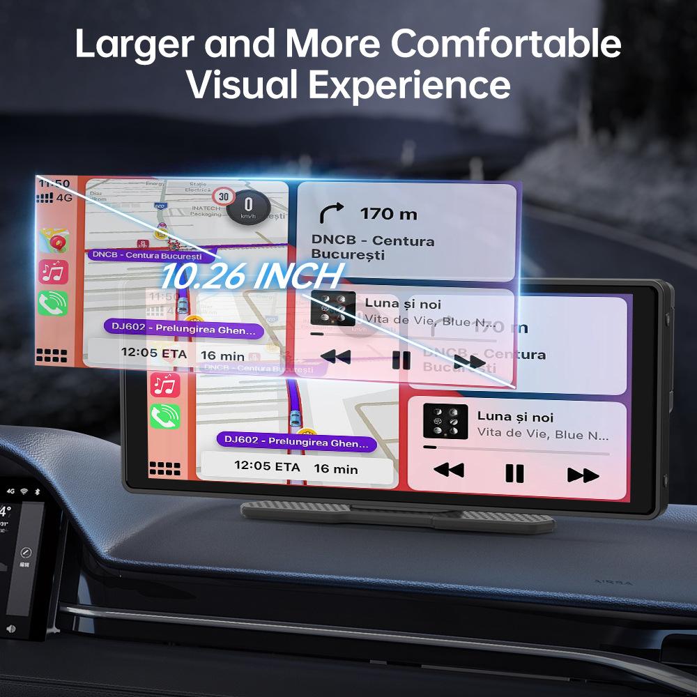 3-lens Dashcam, 10.26" HD Wireless CarPlay Car Navigation GPS.