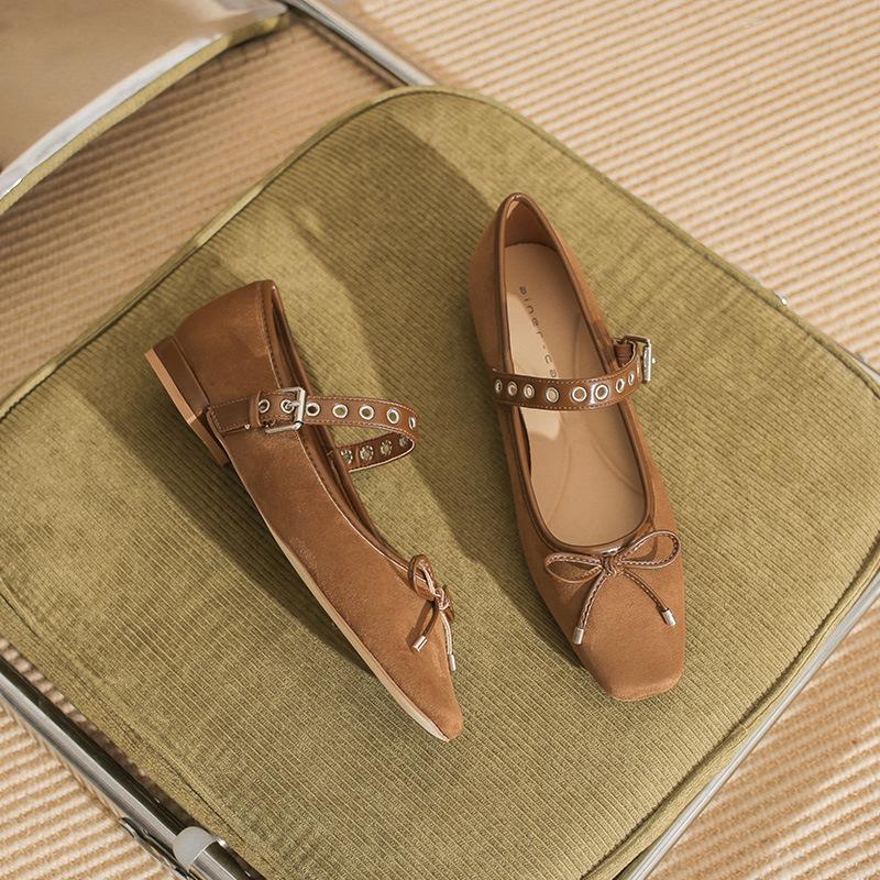 22307 Flat Shoes Women's Thick Heel New Square Head Word with Mary Jane Shoes French Suede Bow Single Shoes