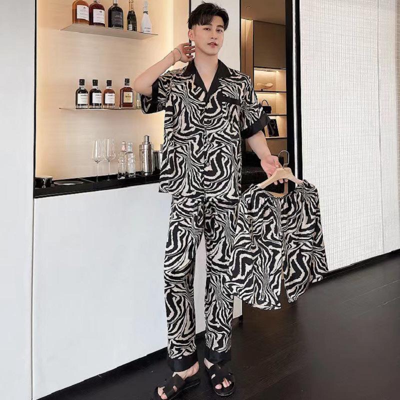 Ice Silk Couple Pajamas: Summer Silk Three-Piece Set with Short Sleeve, Shorts, and Long Pants In Elegant Horse Pattern for Homewear.