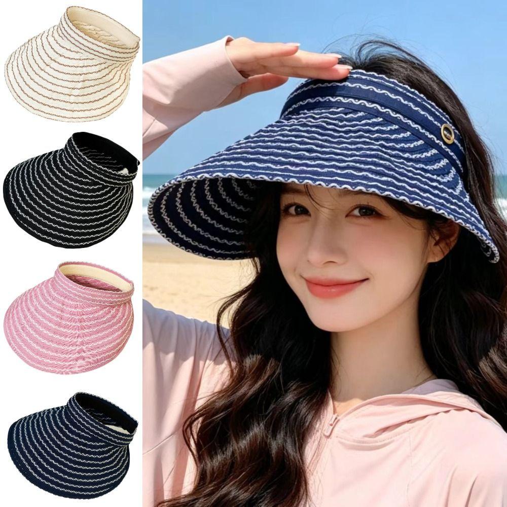 Folding Headband Sun Visor Hat Wide Brim Bucket Hat Trendy Women's Stripe Sun Hat Summer Outdoor