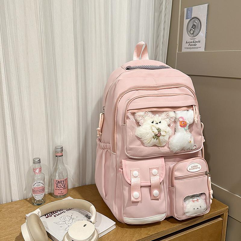 Color Solid Simple Student Backpack With Transparent Compartment And Decor Doll