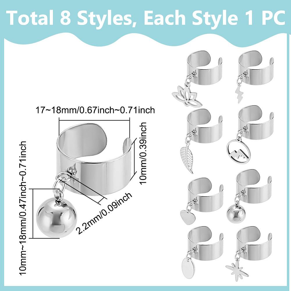 8Pcs 304 Stainless Steel Cuff Rings, with Stainless Steel Charms, Mixed Shapes, Stainless Steel Color, 33~39mm