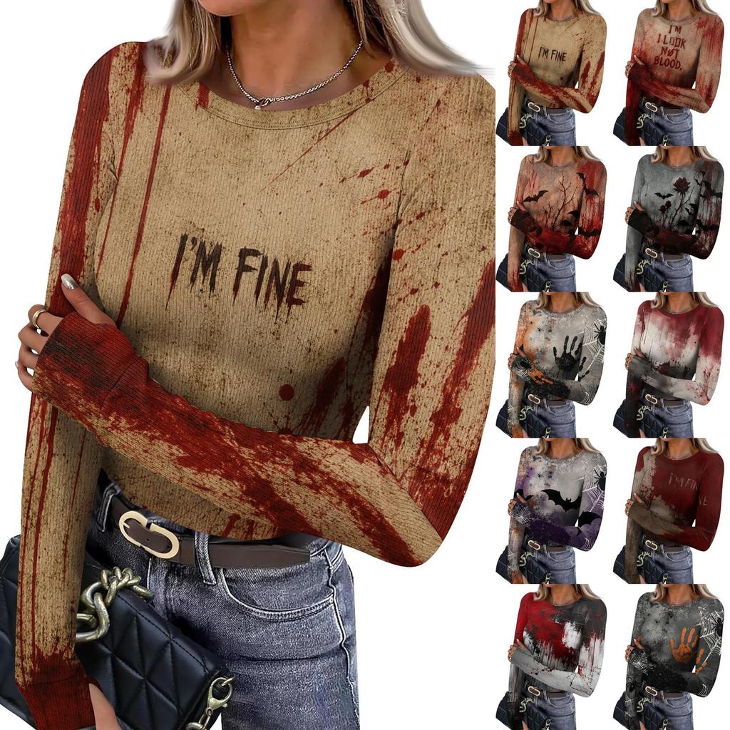 Women's Slim Fit Halloween Print Pullover Long Sleeve T Shirt Crew Neck Base Layer Top with Thumb Hole Cuffs