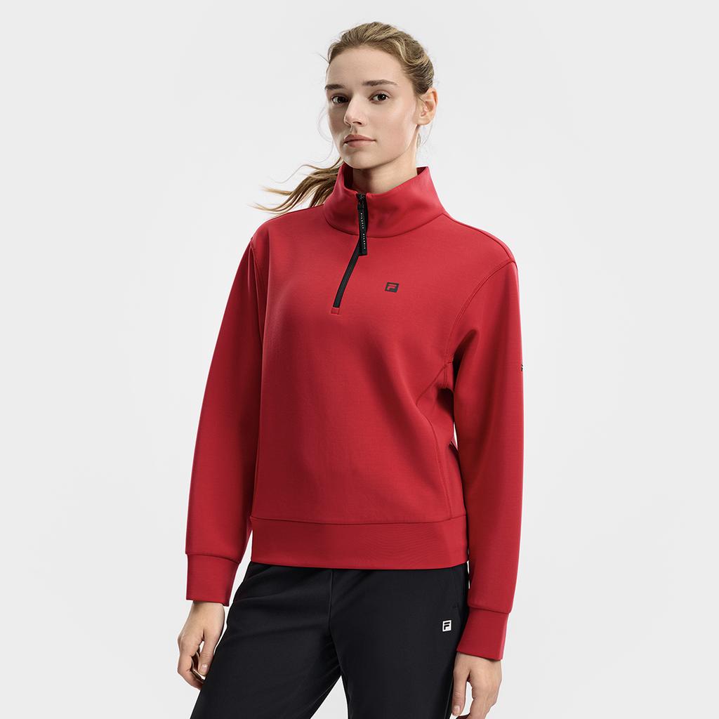 FILA Fitness Classic Simple Sports Training Casual Comfortable Versatile Half-Zip Knit Pullover Sweatshirt Women sweatshirt Hot-Red A11W611208FRD