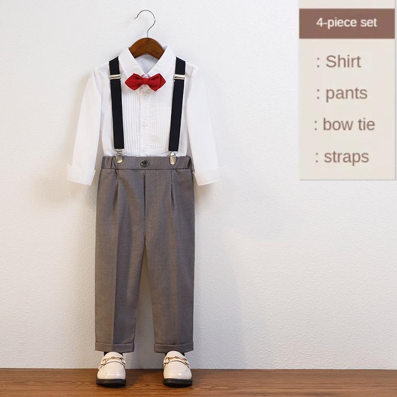 School Boys Suspender Trousers Formal Suit Shirt Bow Tie Kids Wedding Ring Bearer Piano Recital Birthday Photoshoot Gentleman Outfit for Boys 3-12Y