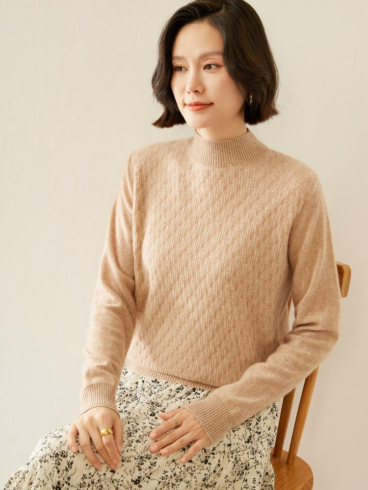 Women's Cashmere Half-High Collar Loose Knit Sweater - Autumn Winter Long Sleeve Pullover