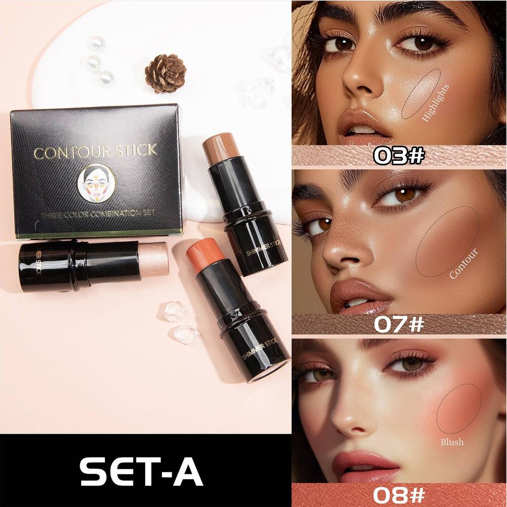 Powder Blusher Highlight Shadow Pen, Three Piece Set, Different Color Combinations. Suitable For Various Makeup Looks,6g*3