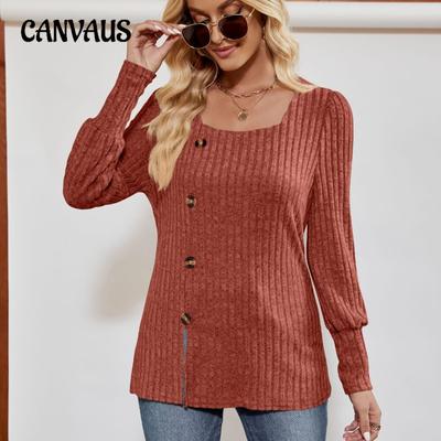 Women's New Fall Square Neck Bubble Long Sleeved Slit Sweater