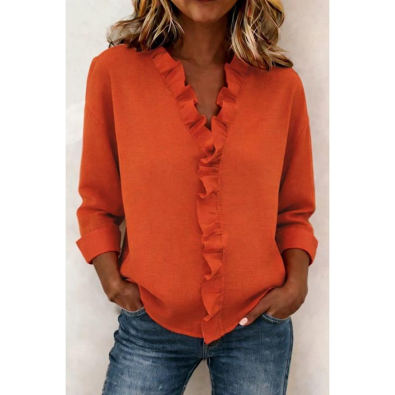 Blusa de Mujer de Aspecto Lino Manga 3/4 Casual Cuello en V Adorno de Volantes Camisa de Botones