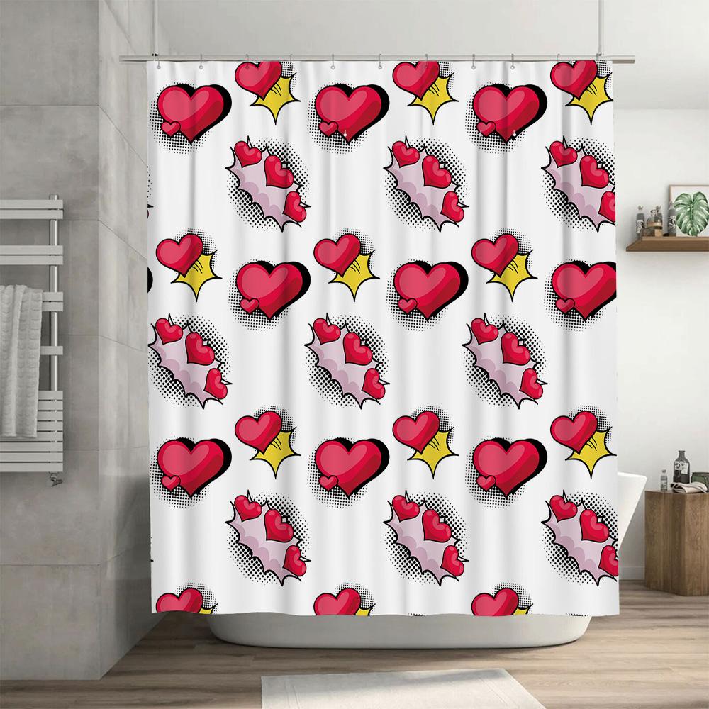 Pop Art Shower Curtain with Red Heart Print Bathroom Decor Customizable Size Waterproof Fabric for Home Decor