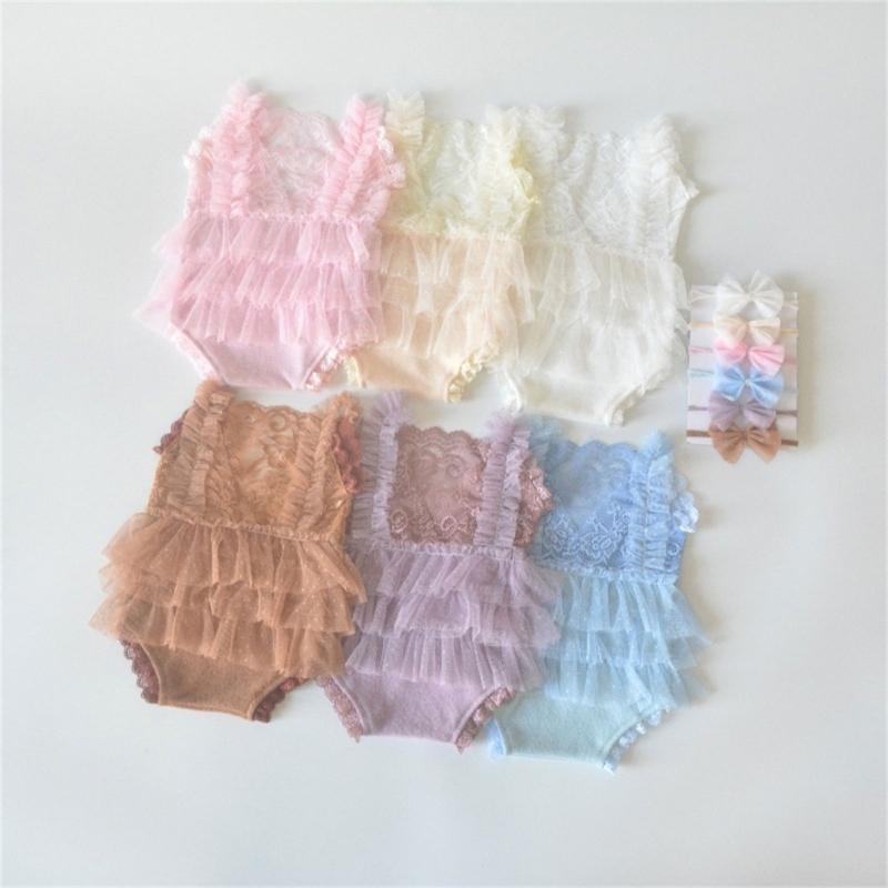 Baby Photography Props Lace Romper and Bowknot Hairband Outfit Photo Shoot Clothes Baby Photography Costume Clothing