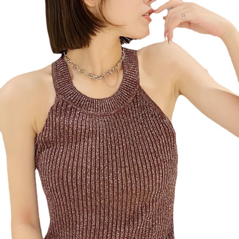 Summer New Halter, Off-the-shoulder Sparkly Ice Silk Knitted Halter Small Vest Women Slim Body with A Base Blouse Blouse