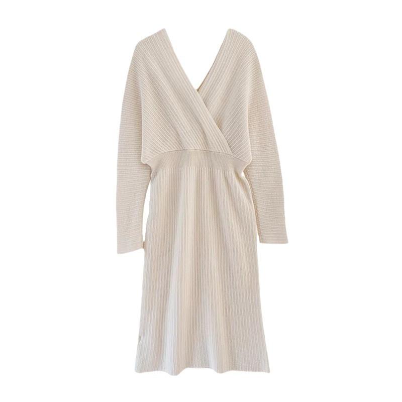 GMXIA Slim-fit V-neck Wrap Hip Dress Women's Long-sleeved Style Waist Knit Dress