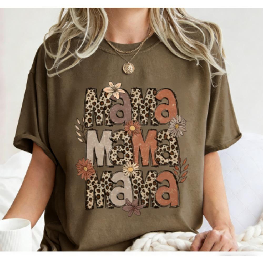 Funny Leopard Letter Mama Flower Print Kids Short Sleeves T-Shirt Loose Casual Summer Outdoor Street Boy and Girl Tees Tops
