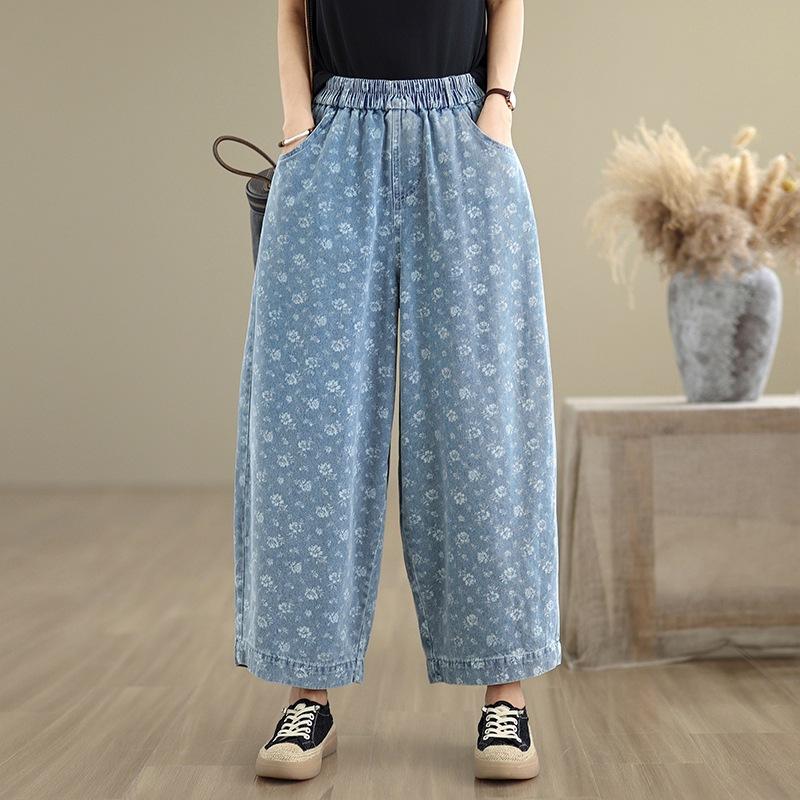 

2025 лето новый ретро новый китайский персонализированный принт джинсовые широкие брюки женские свободные большого размера девять точек повседневные брюки M черный серый