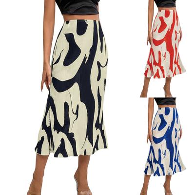 Damen Sommerrock mit hoher Taille, gemustert, bedruckt, A-Linie, plissiert, lässig, langer Rock
