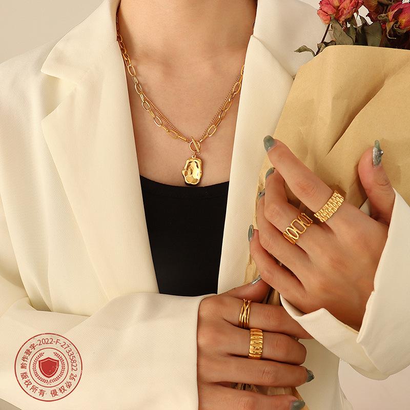 Gold Plated Titanium Steel Double Layer Irregular Pendant Necklace - European & American Hip Hop Style Clavicle Chain