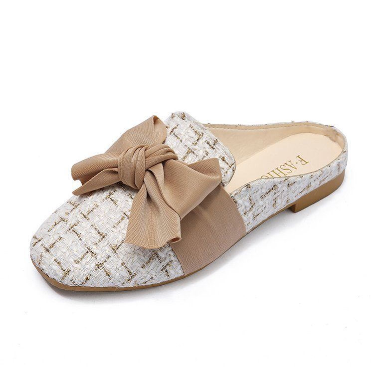 Flat bottom outer wear fashionable versatile bow single shoes 2025 spring and summer girl heart lazy net red bag head half slippers woman