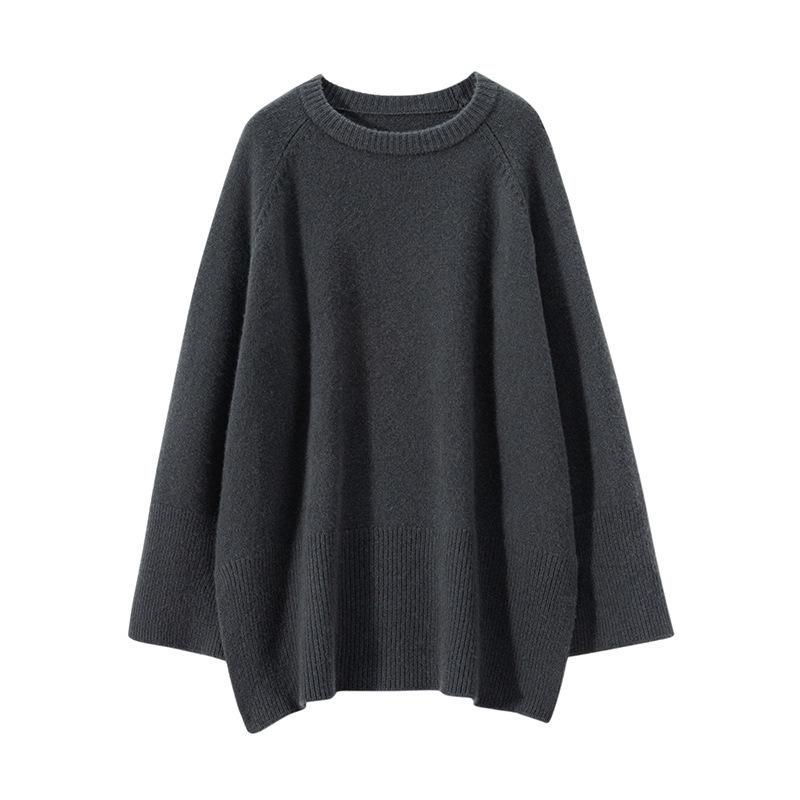 Women's Mid-Length 100% Pure Wool Sweater - Loose Fit, Slit Design, Lazy Style for Autumn and Winter.