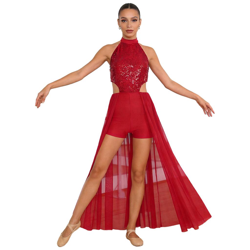 Damen rückenfreies Bodysuit-Kleid Pailletten-Oberteil Netzrock integrierter kurzer Unterteil Tanzkleidung