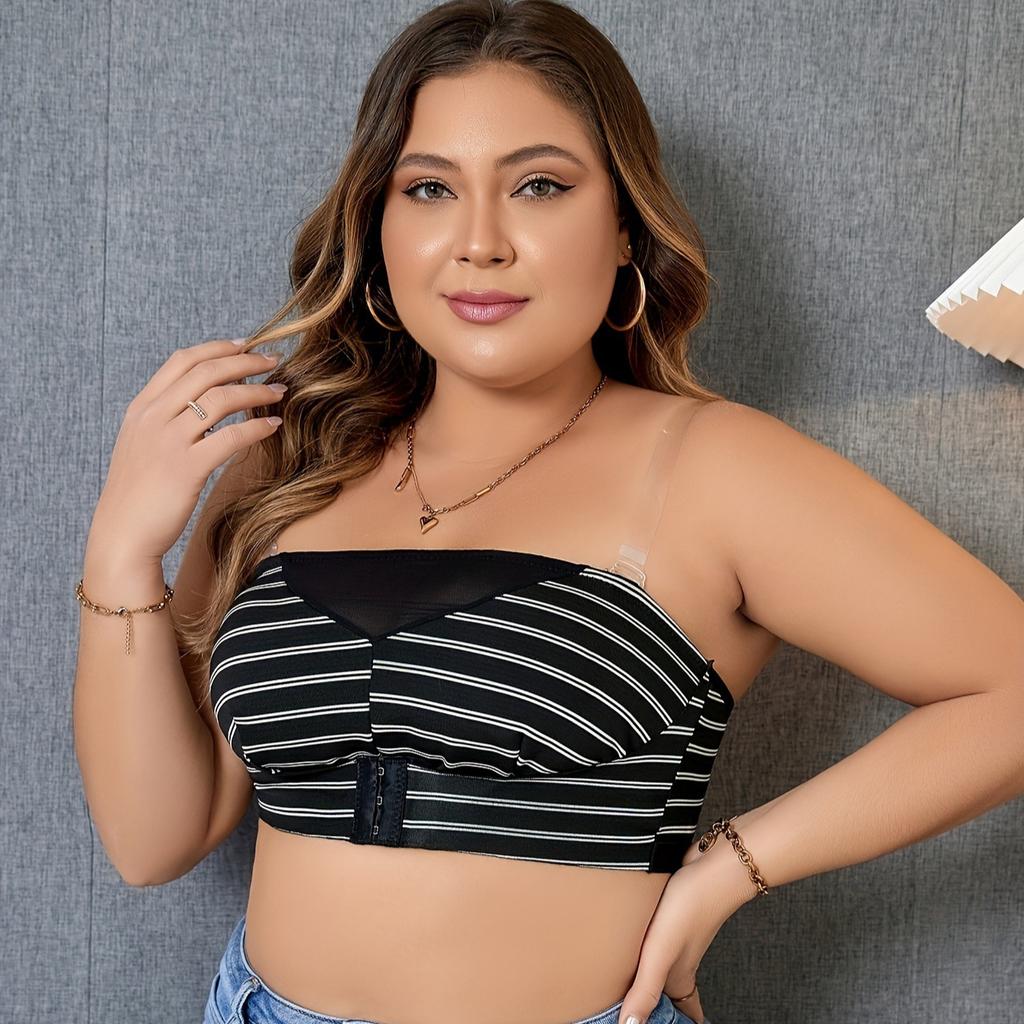 Large Size Black and White Stripes Mesh Pattern Breathable Seamless Underwear Fashionable Side Breast Control Detachable Bra