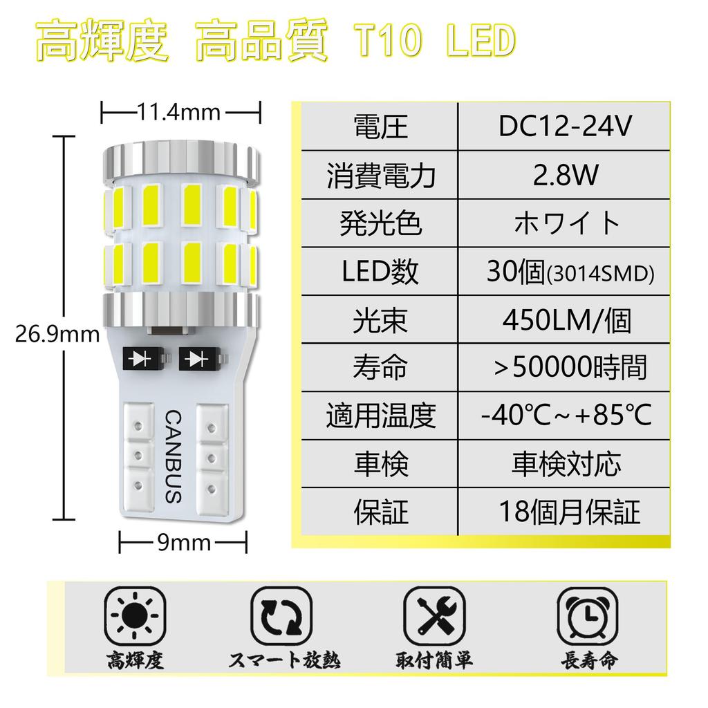 TORIBIO T10 CANBUS 168 Position Room License Vehicle Inspection Pack of 4 LEDs, White, High-Brightness, 30-LED, 3014-Element, DC12V-24V Compatible,