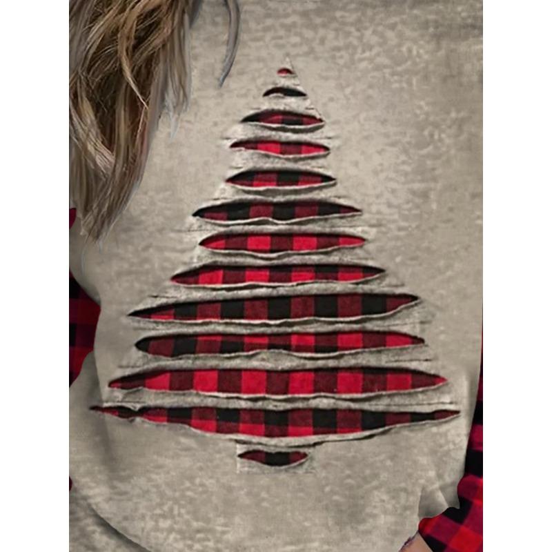 Plus Size - Women'S Plus Size Christmas Tree Hollow-out Print Sweatshirt - Red & Black Plaid Patchwork Design, Loose Fit Crewneck Long Sleeve Top