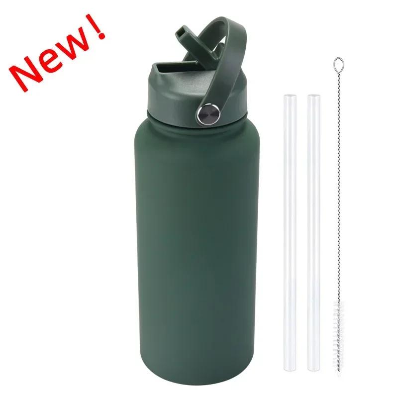 1L Sports WATER BOTTLE With Handle And Straw Stainless Steel Large Capacity Vacuum Flasks Drinkware Large Mouth GymThermos CUP